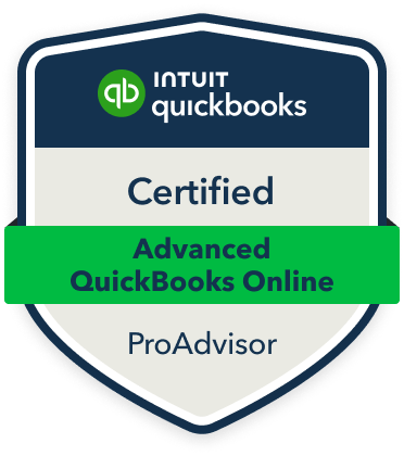 Badge showing Advanced QuickBooks Online ProAdvisor certification by Intuit